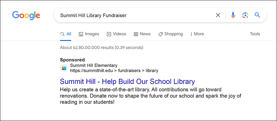 An example of a Google Ad promoting a school’s fundraiser