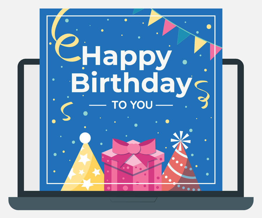 A mockup of a laptop with a fundraising eCard for a birthday