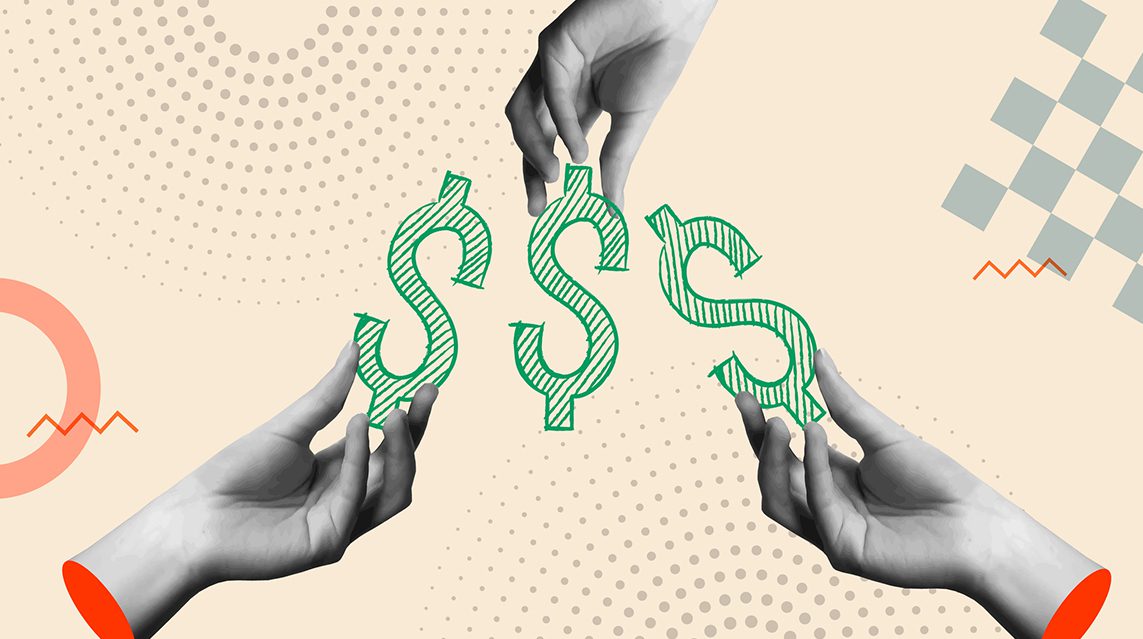 Three hands in black and white, each holding a green dollar sign with artful graphics in the background.